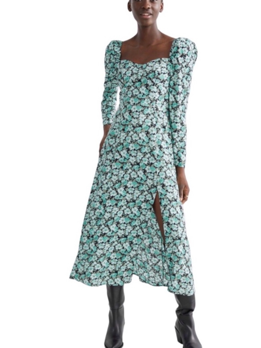 & Other Stories Floral Midi Dress Size 8 Puff Sleeve Sweetheart Neck